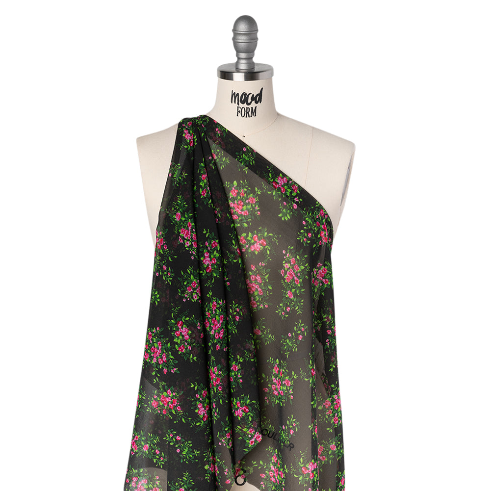 Silk Voile Print Made in Italy - Black, Green and Pink Flower Bunches - Deadstock - Joann Fabrics