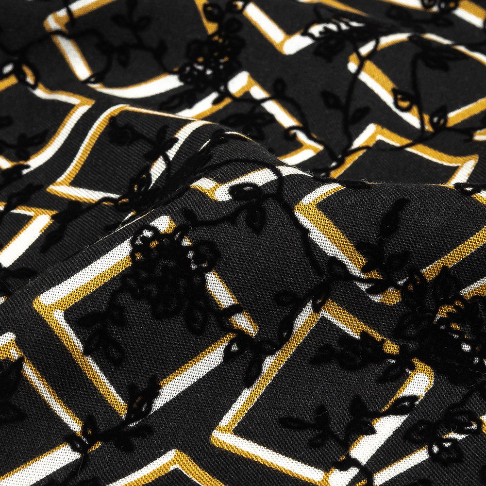 Black, White and Spruce Yellow Flocked Florals on Tossed Squares Printed Viscose Woven - Joann Fabrics