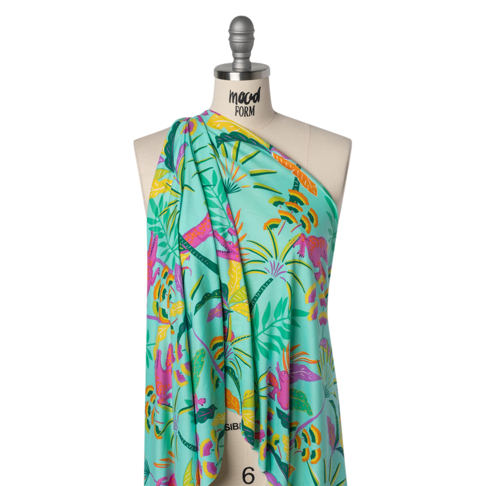 Stretch Polyester ITY Jersey Print - Aqua, Pink and Yellow Crocodiles and Palm Leaves - Deadstock - Joann Fabrics