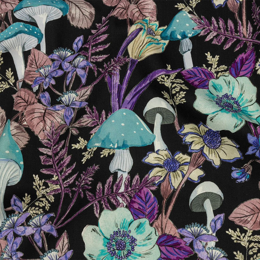 Stretch Cotton Twill Print - Midnight, Blue and Purple Mushrooms and Flowers - Mood Exclusive Mycelium Mystique - Joann Fabrics