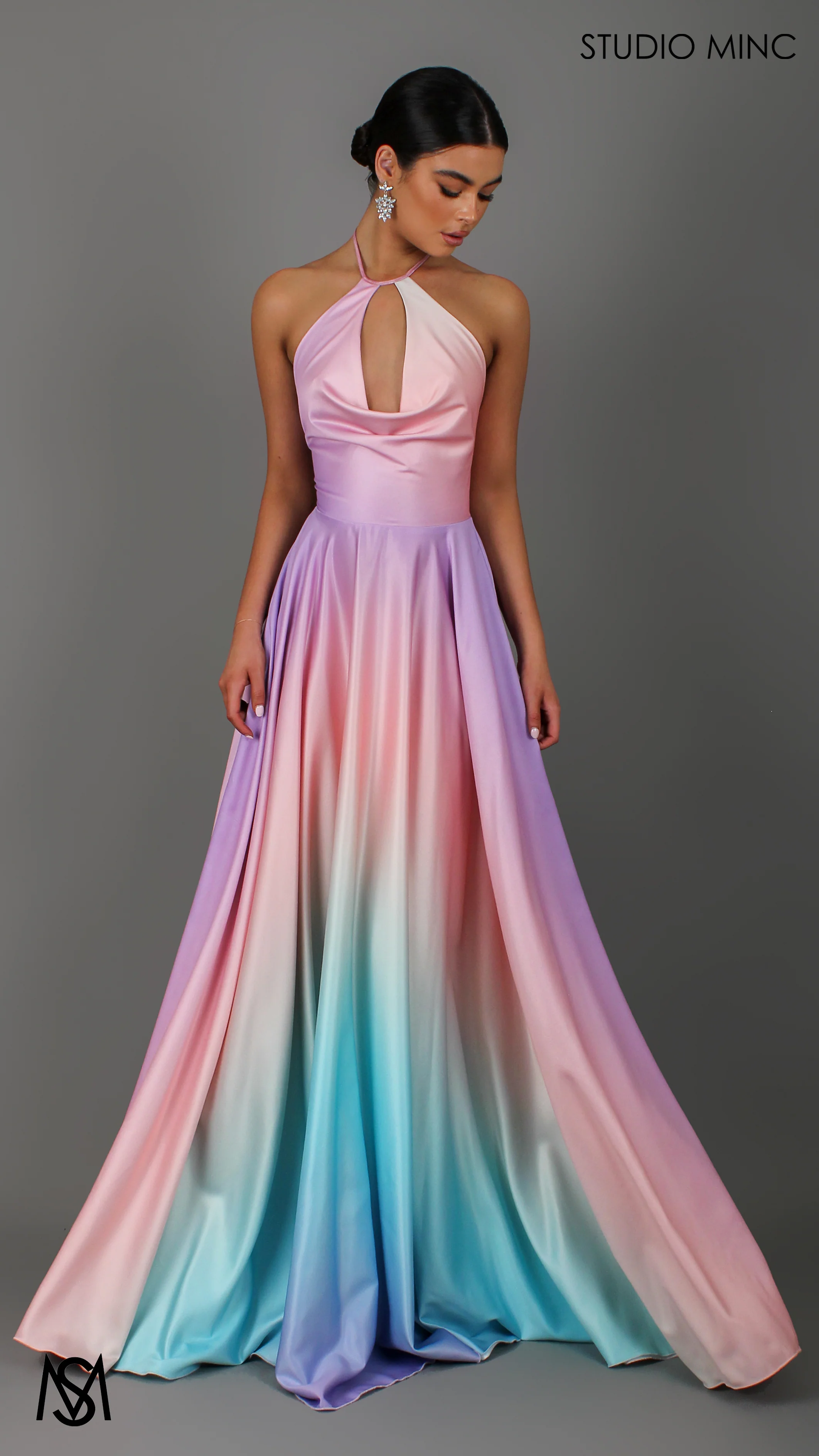 SUNSET PINK - Multi Colour pink Formal Dress, Satin High Neck Plunge & Backless
