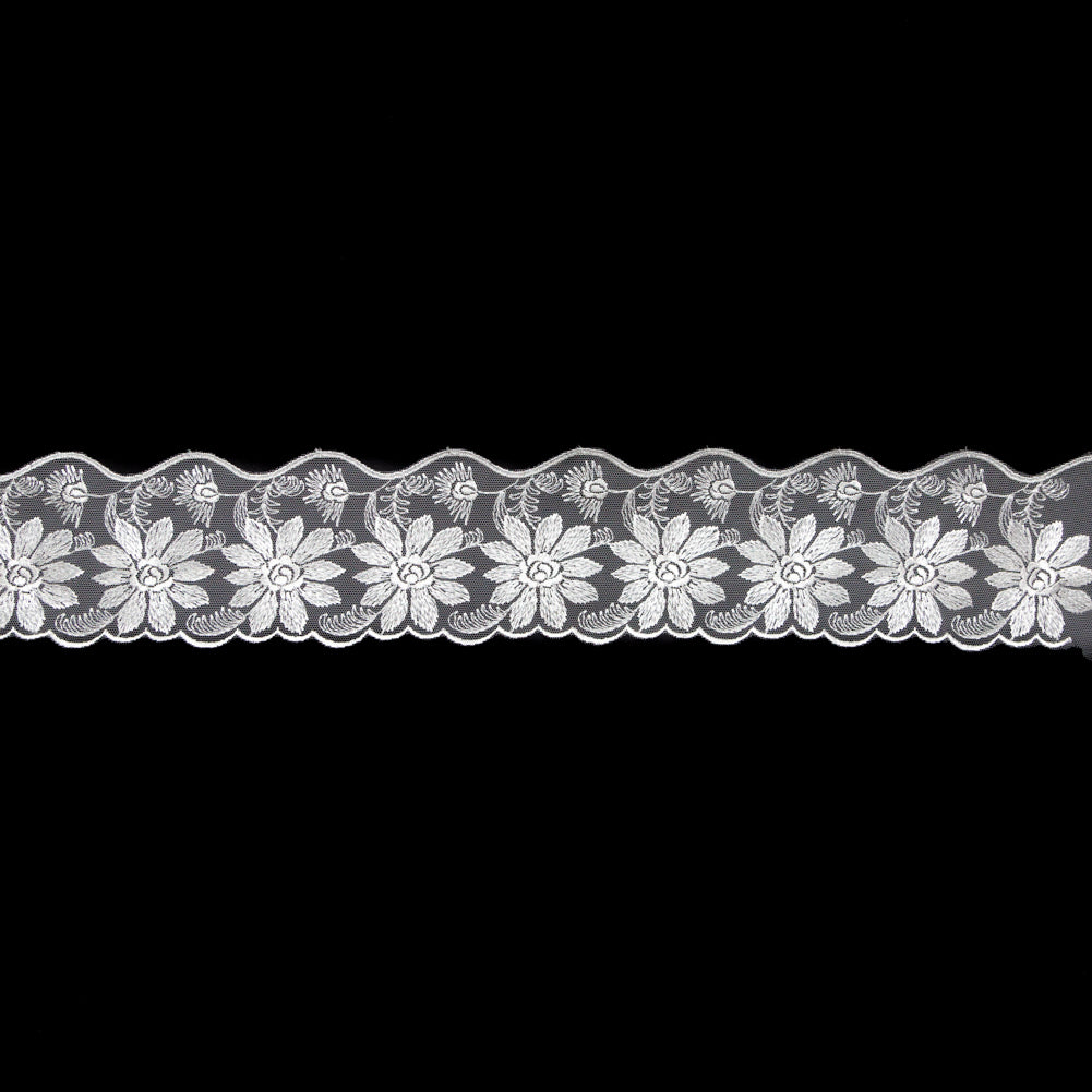 European White Floral Scalloped Embroidery Lace on Mesh - 3.375