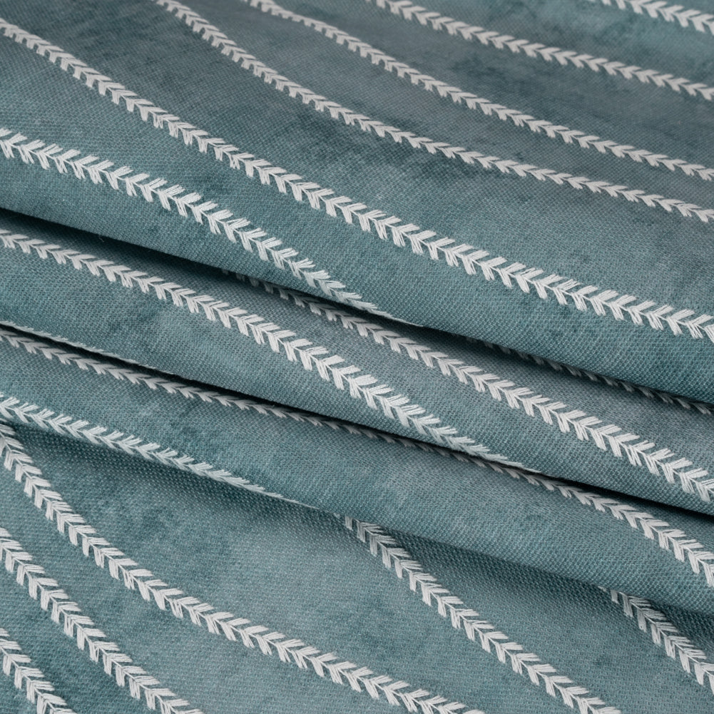 Embroidered Linen-Look Polyester Drapery Woven - Denim Leafy Wavy Lines and Watercolor Texture - British Imported - Joann Fabrics
