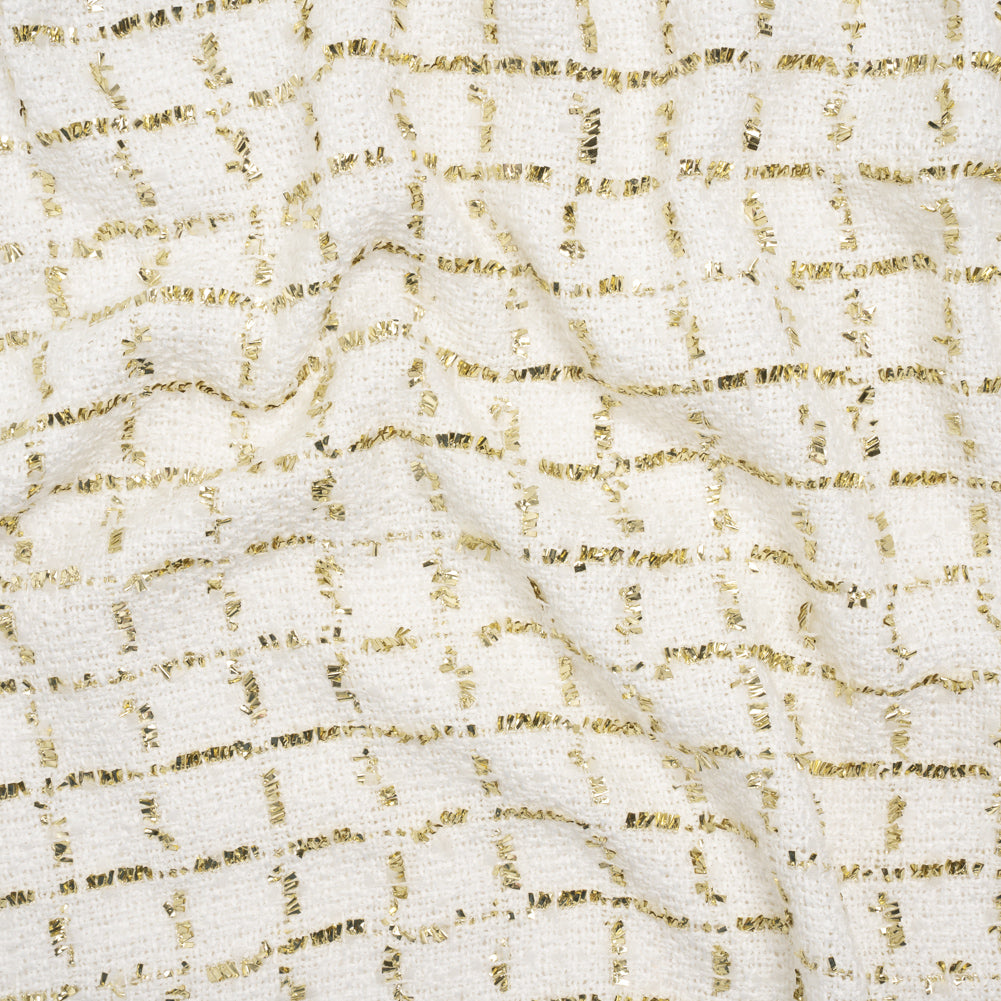 Polyester Boucle Tweed with Plaid Metallic Eyelash Fringe - White and Gold - Deadstock - Joann Fabrics