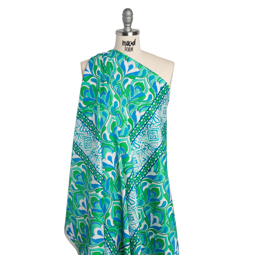 Stretch Cotton Sateen Panel - Blue, Turquoise and Kelly Green Floral Ogees and Stripes - Designer Deadstock - Joann Fabrics