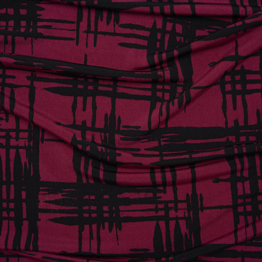 Stretch Polyester Matte Jersey Print - Raspberry and Black Abstract Hatching - Designer Deadstock - Joann Fabrics