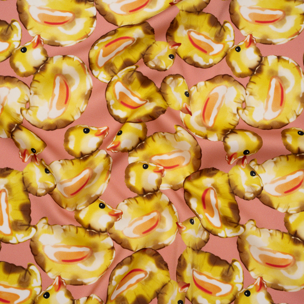 Polyester Satin - Yellow and Rose Pink Small Rubber Ducky Balloons - Mood Exclusive Puffed Pond Print - Joann Fabrics
