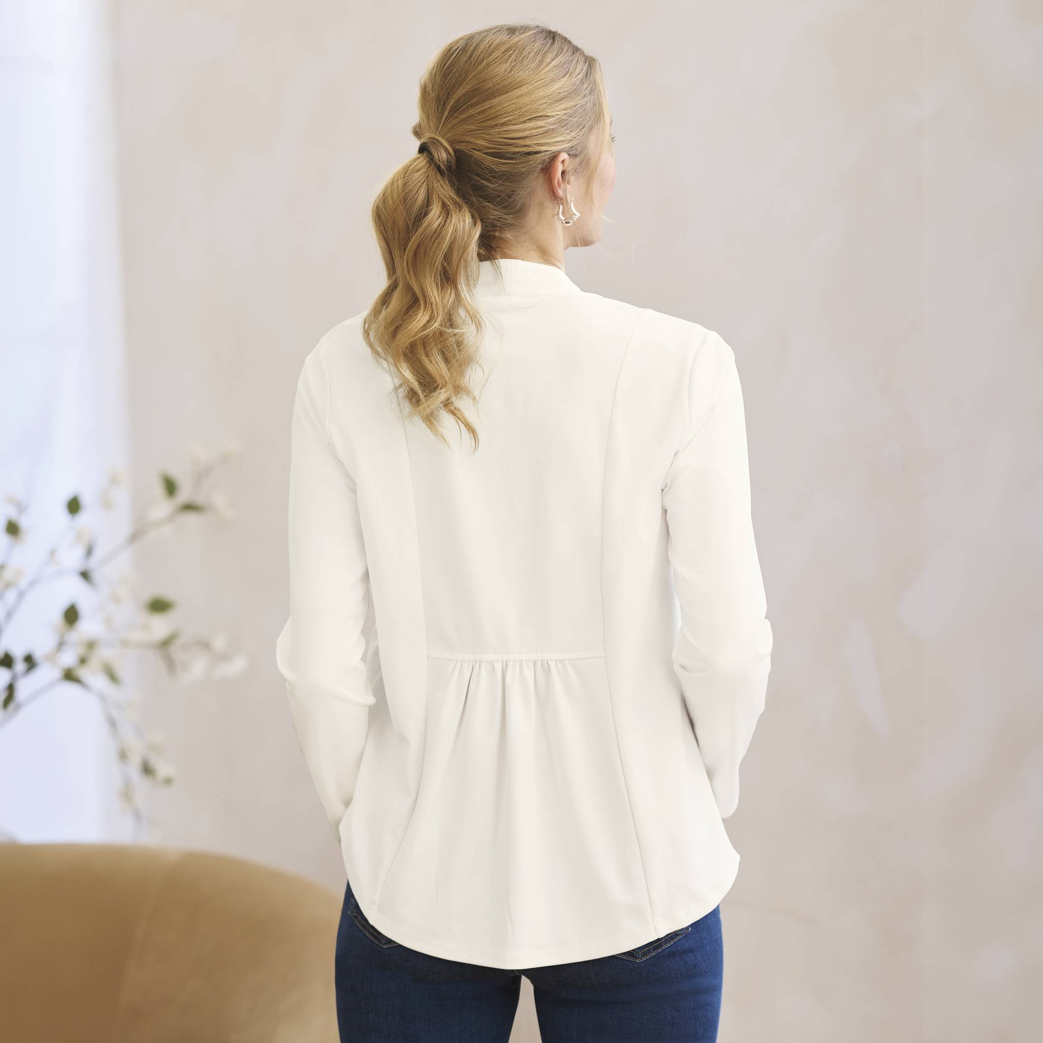 Flyaway Knit Cardigan, Silky Knit, Front Pockets, Back Gathers - Northstyle Catalog