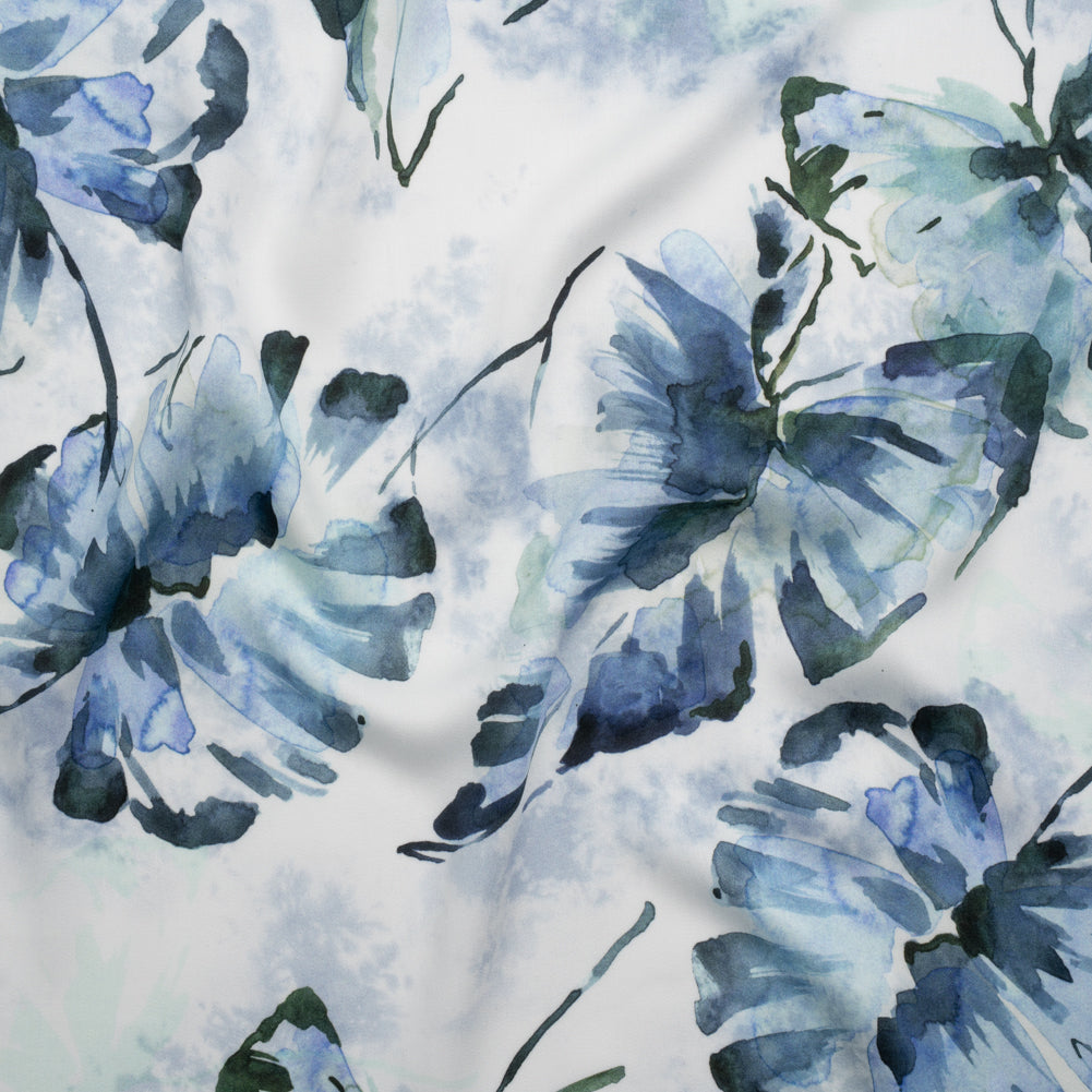 Rayon Challis - Dark Blue and Hunter Green Watercolor Leaves - Mood Exclusive Whispering Waterfall Print - Joann Fabrics