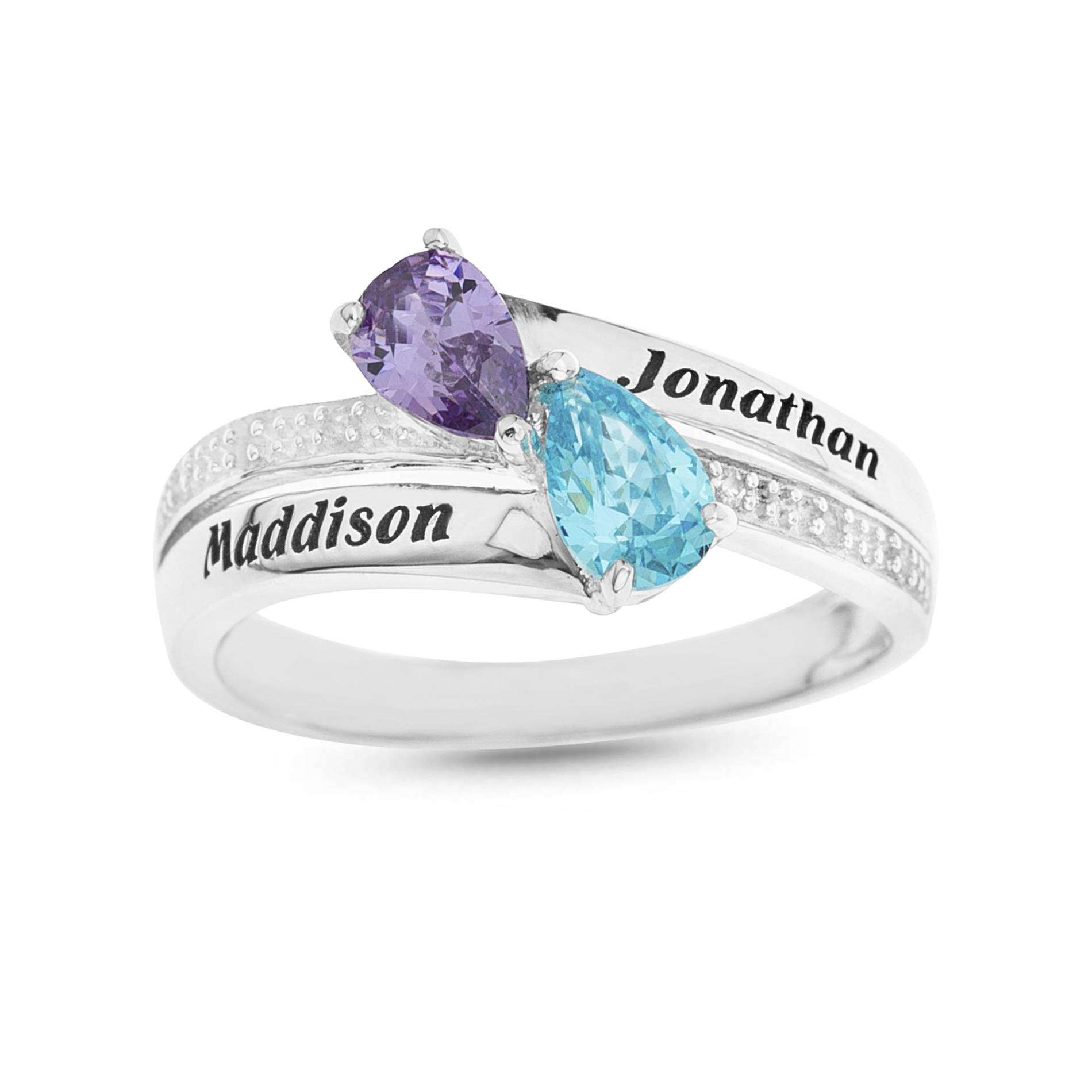 Personalized Two-Name Cubic Zirconia & Sterling Birthstone Bypass Ring - Northstyle Catalog