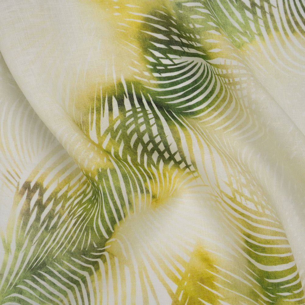 Medium Weight Linen Woven Print - Citrus Green, Yellow and White Illuminated Palm Leaves - Joann Fabrics
