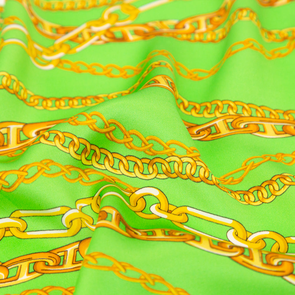 Mood Exclusive Italian Kelly Green and Gold Chains Digitally Printed Silk Charmeuse - Joann Fabrics