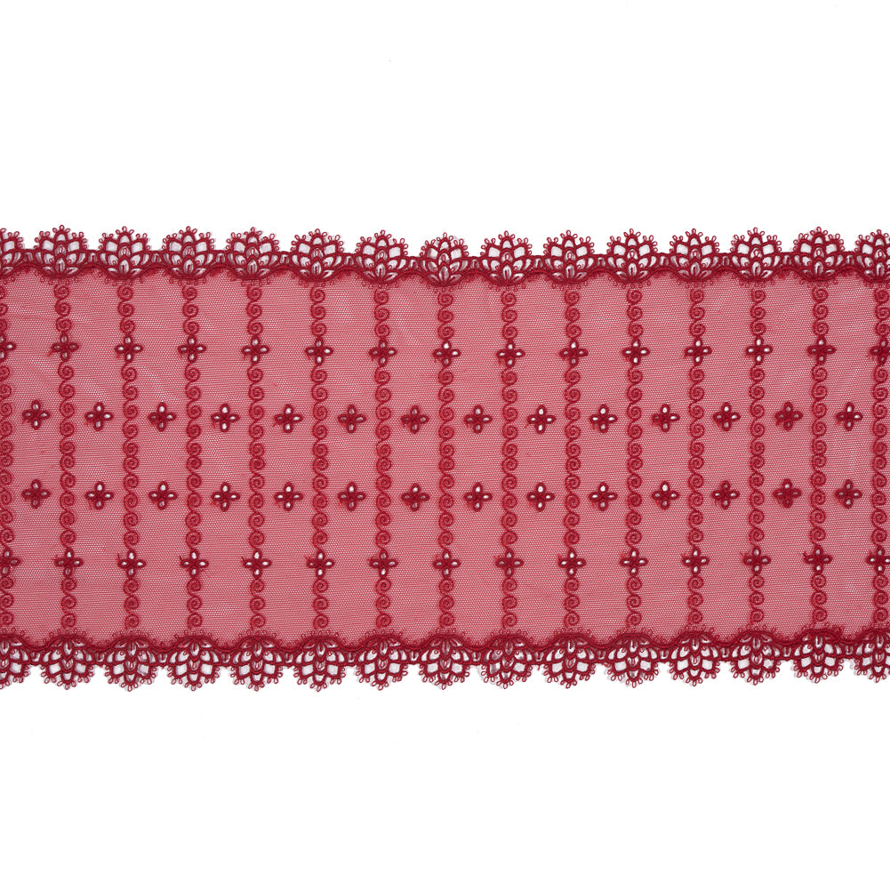Red Embroidered and Eyelet Mesh with Finished Edges - 7.75