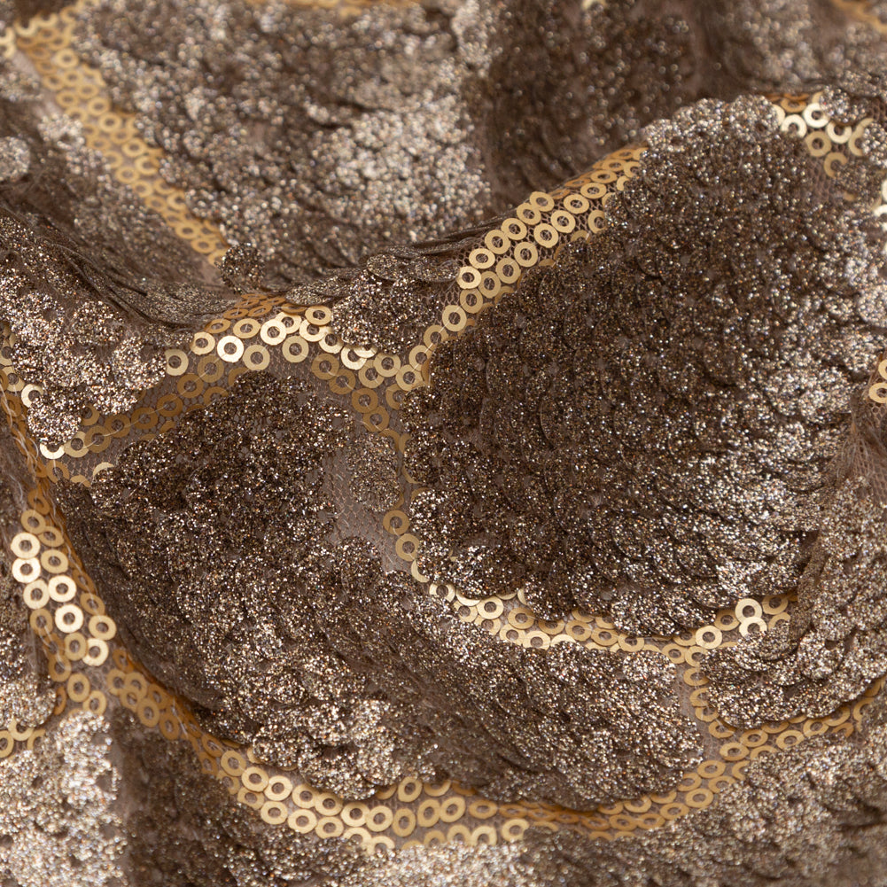 Mesh with Sequins - Metallic Bronze Cracking Spots on Dark Beige - Joann Fabrics