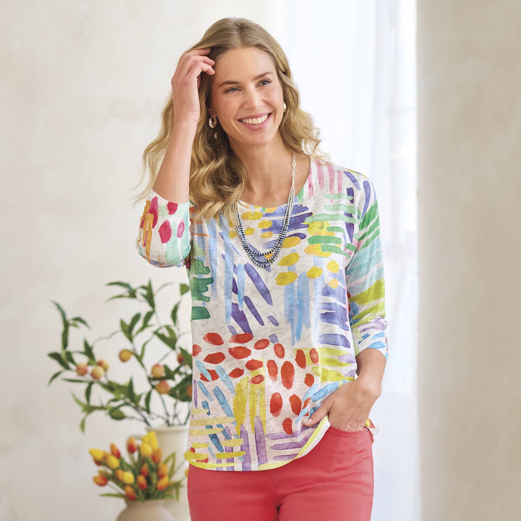 Color Explosion Knit Top, Soft Slub Fabric, 3/4 Sleeves - Northstyle Catalog
