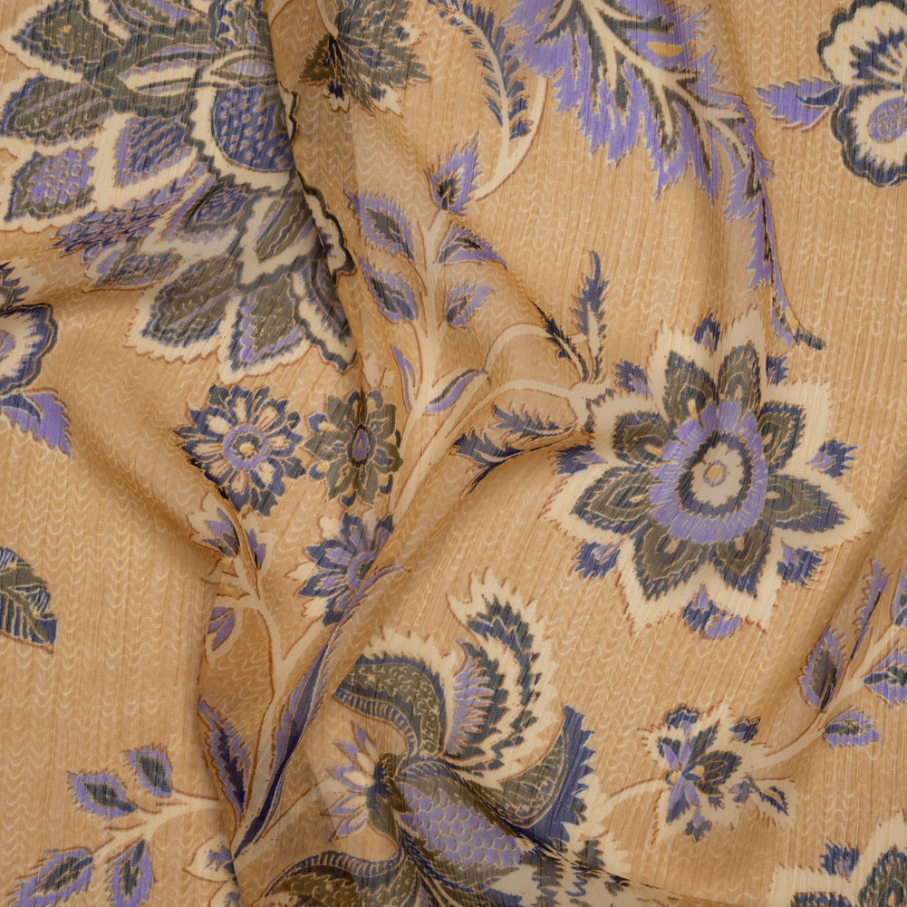 Crinkled Polyester Chiffon Print - Gilded Beige, Lavender and Dark Blue Jacobean Floral - Designer Deadstock - Joann Fabrics