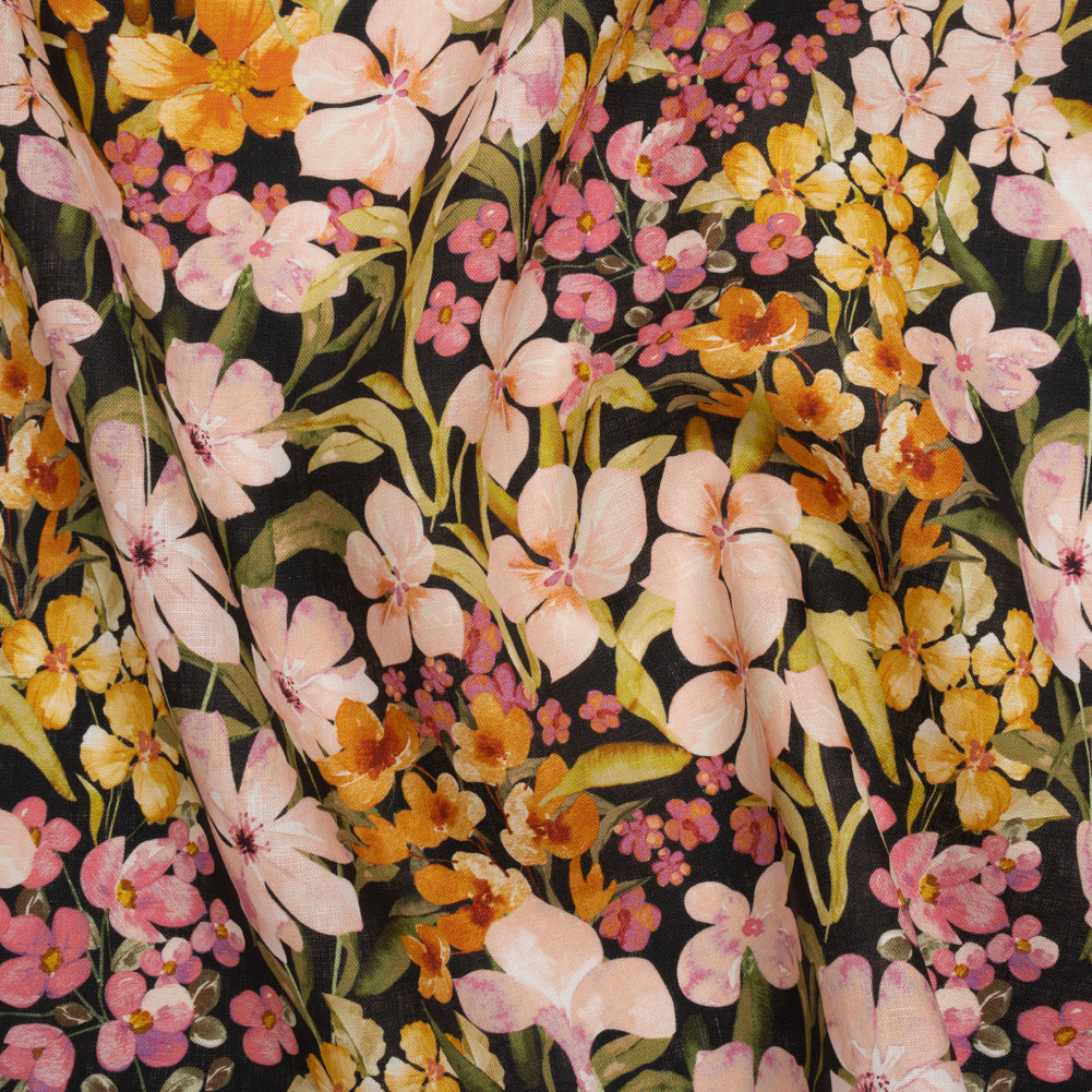Medium Weight Linen Woven Print - Midnight, Pink and Tiger Lily Orange Floral - Joann Fabrics
