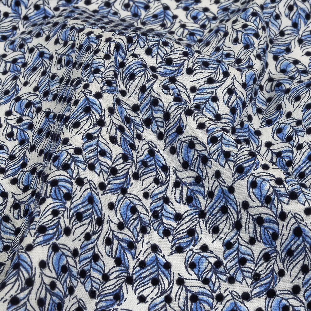 Black Flocked Polka Dots on Blue and White Leaves Stretch Cotton Shirting - Joann Fabrics