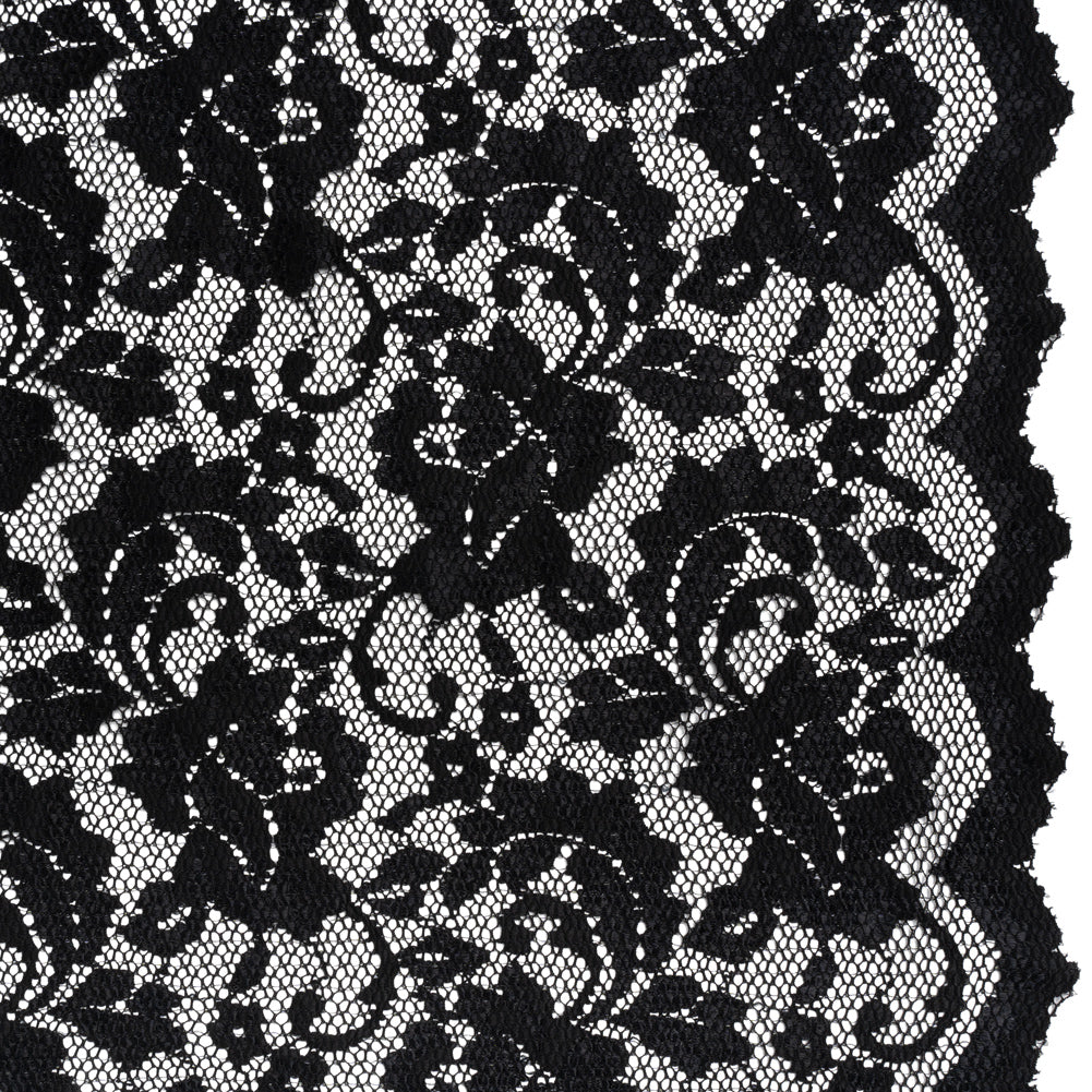 Stretch Raschel Lace with Finished Scalloped Edges - Black Flowers, Leaves and Swirls - Crina Collection - Joann Fabrics