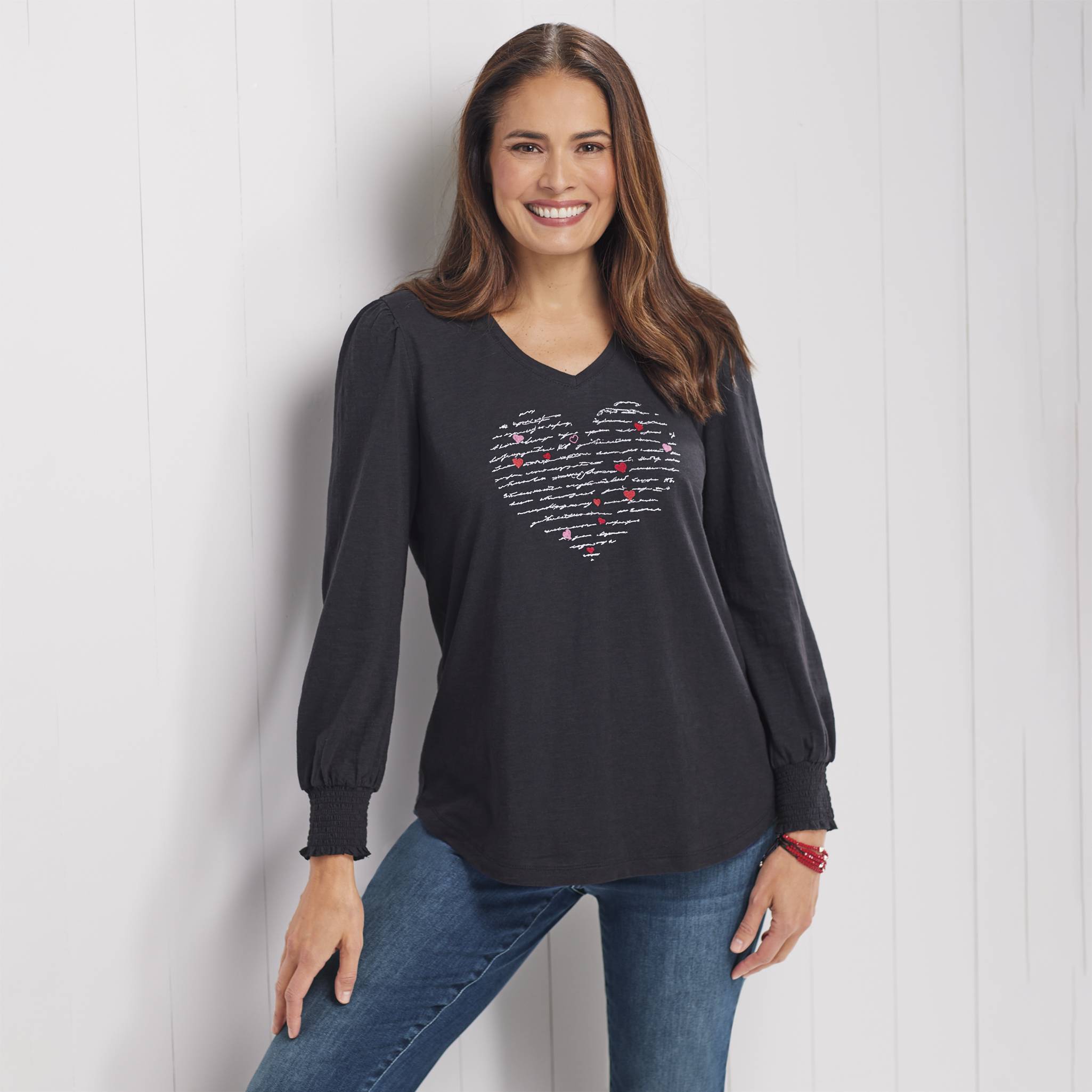 Smocked-Sleeve Embroidered Heart Top, V-Neck, Smocked Cuffs - Northstyle Catalog
