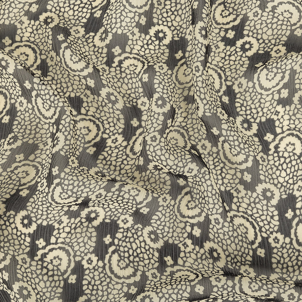 Famous NYC Designer Pewter and Bone White Abstracted Floral Crinkled Silk Chiffon - Joann Fabrics