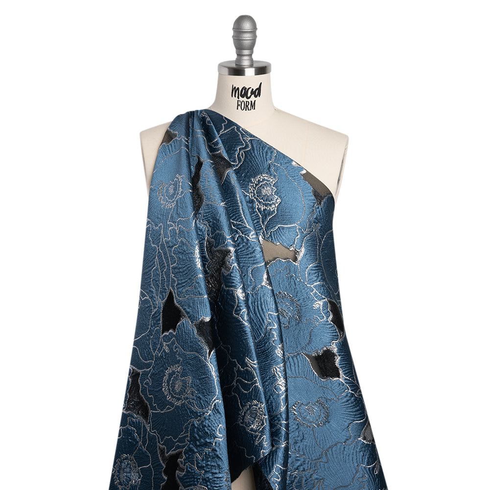 Metallic Burnout Brocade - Country Blue and Silver All-Over Outlined Flowers - Joann Fabrics