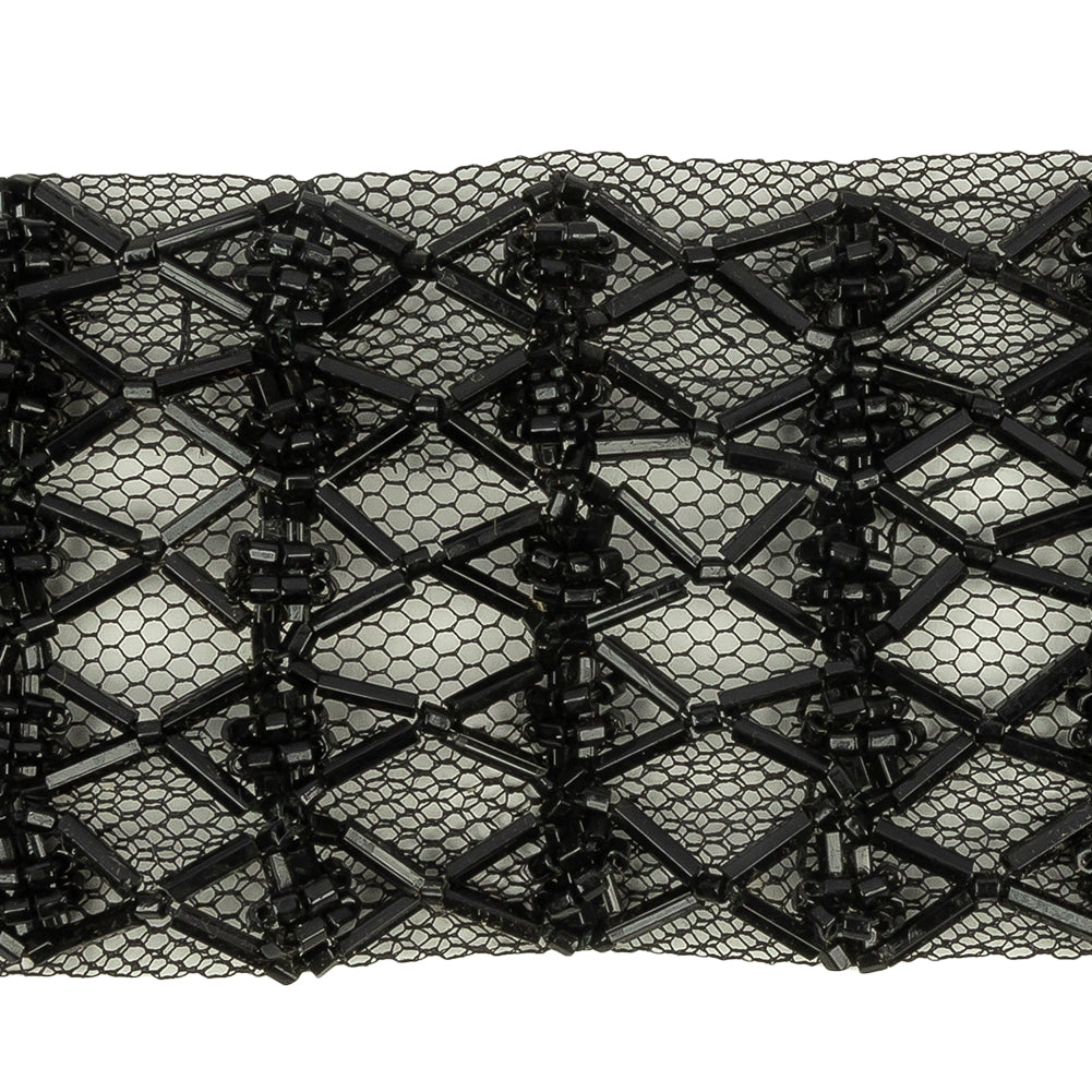 Vintage Black Latticework Glass Beaded Mesh Trim - 1.75