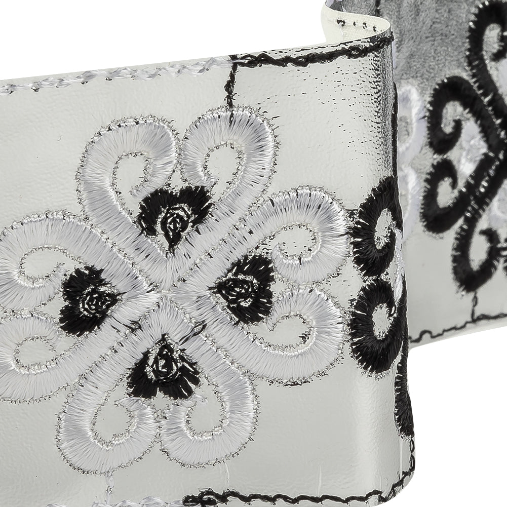 Vintage English White and Black Embroidered Silver Metallic Vinyl Ribbon - 2.75