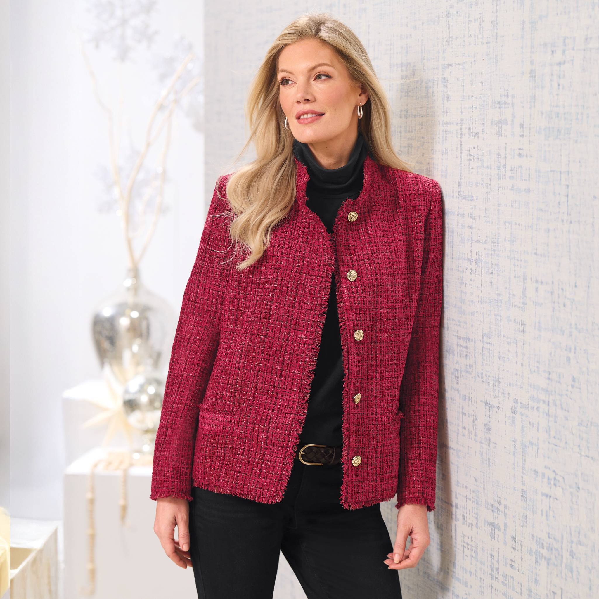 Bouclé Fringe Jacket, Button Front, Pockets, Red - Northstyle Catalog