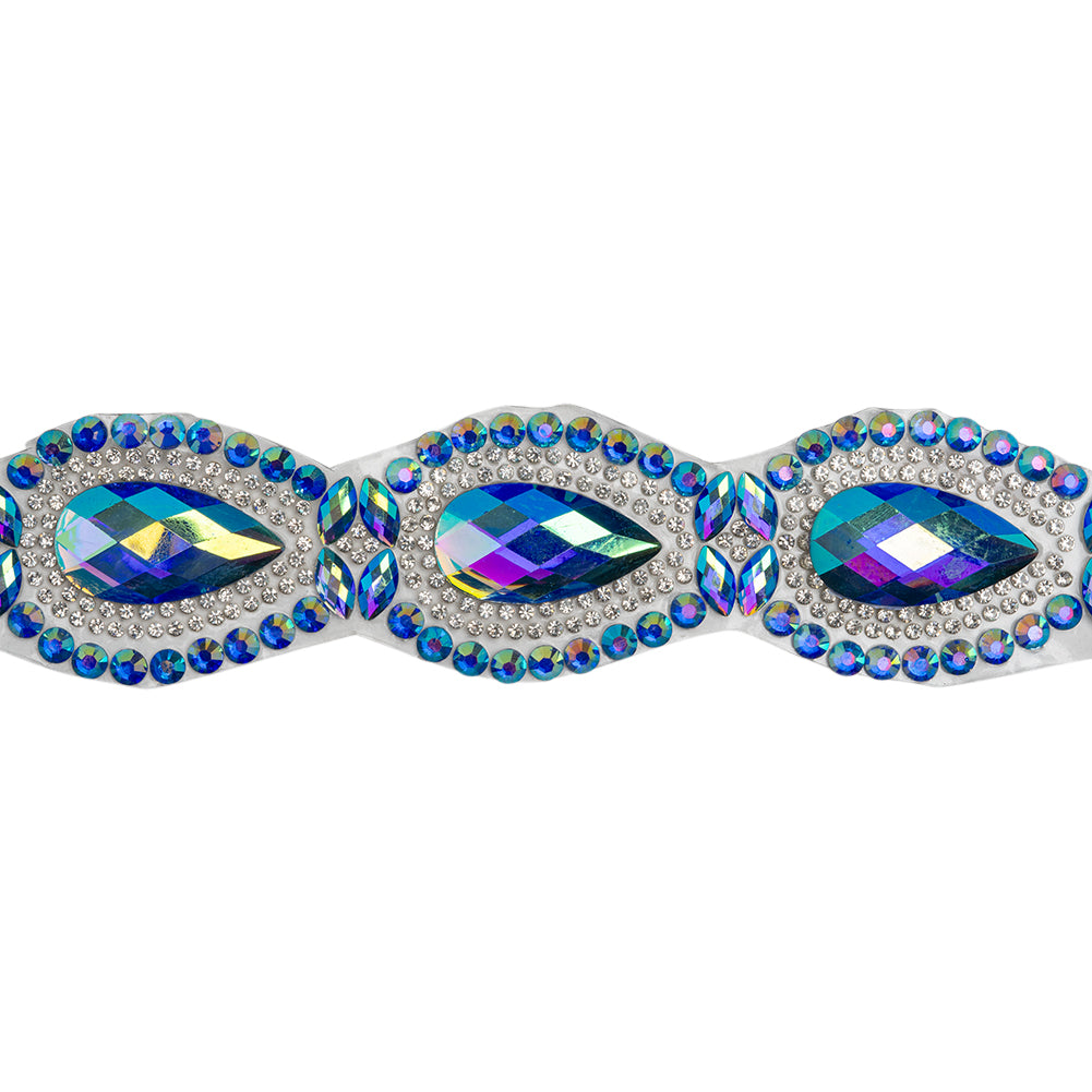 Yaya Han Iron-On Princess Crystal Rhinestone Trim - Iridescent Blue Outlined Teardrops, 1.375