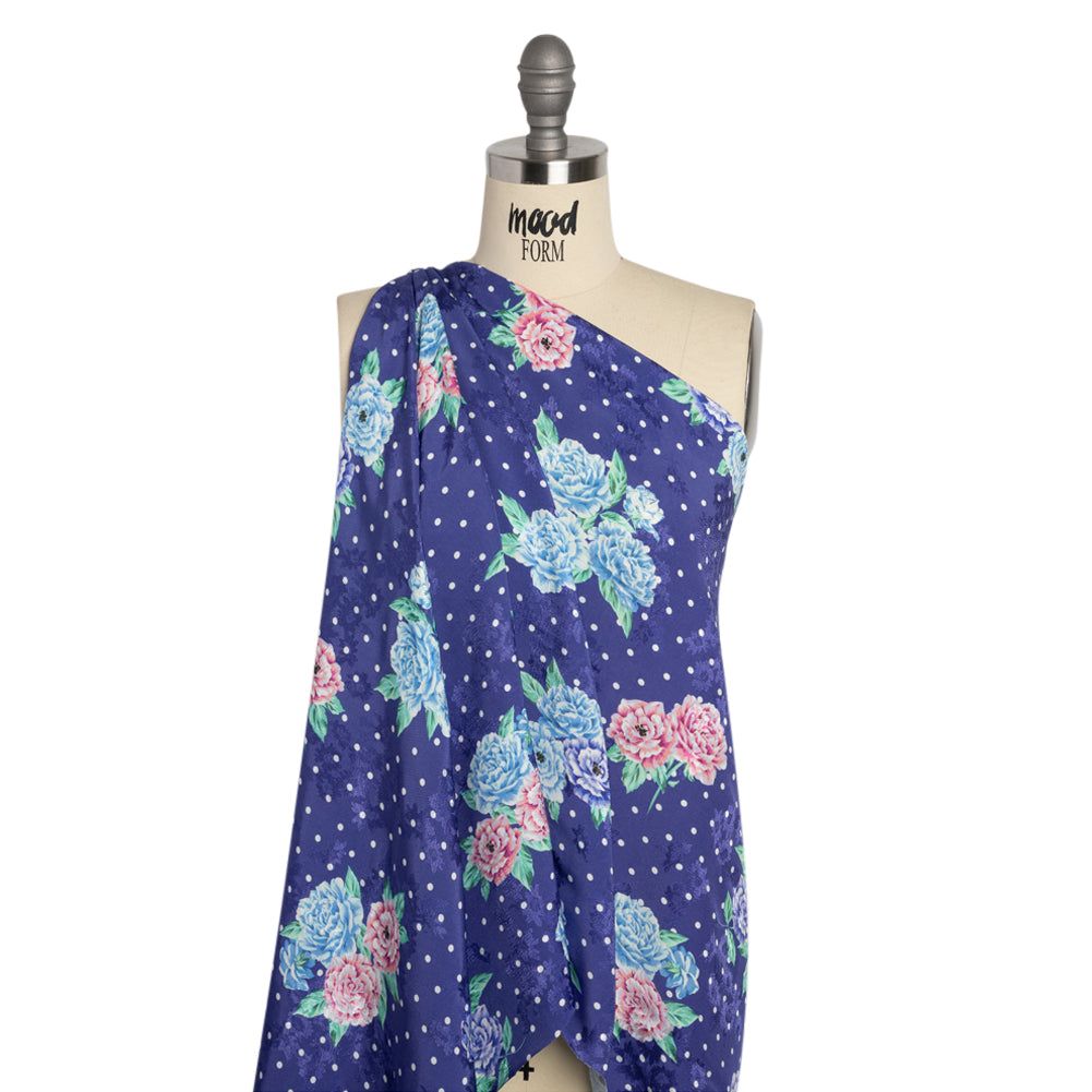 Floral Viscose Jacquard Print - Indigo, Blue and Pink Floral and Polka Dots - Mood Exclusive Rose Bush Banter - Joann Fabrics