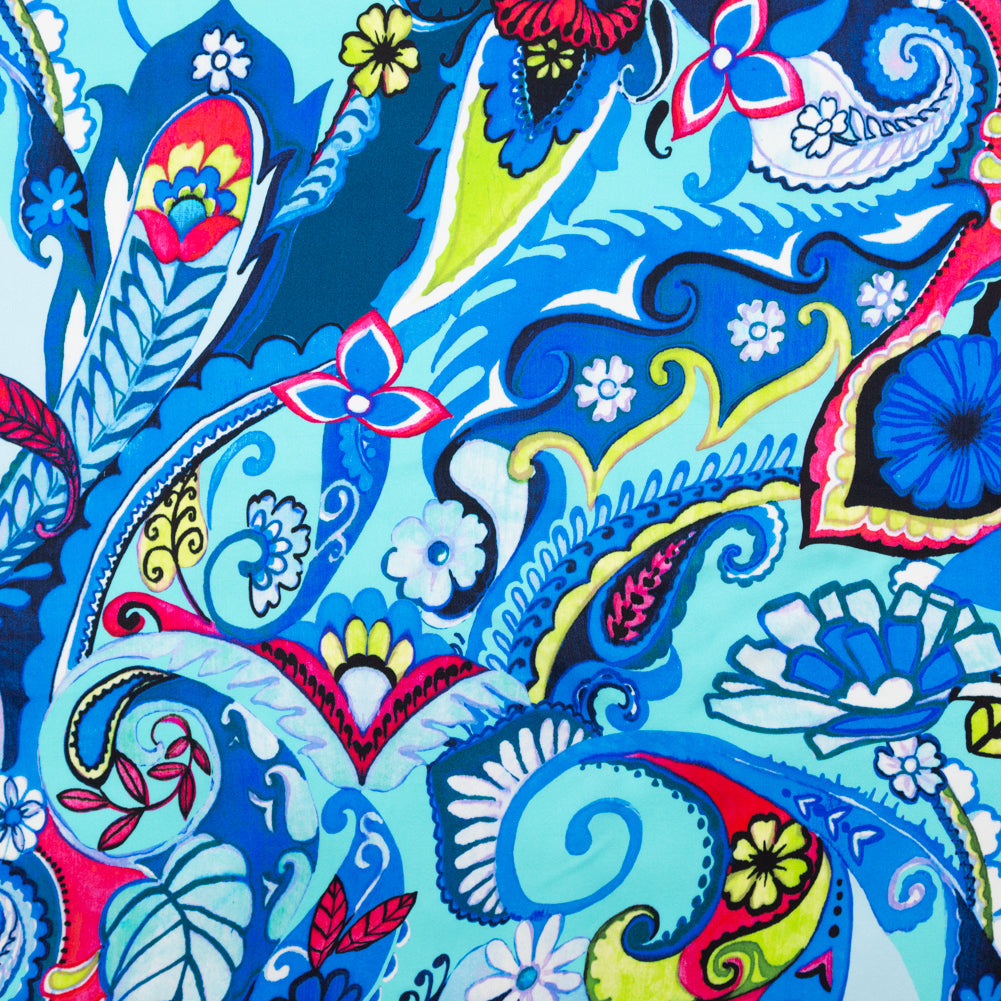 Mood Exclusive Italian Baleine Blue, Lime and Azalea Pink Paisley Digitally Printed Silk Charmeuse - Joann Fabrics