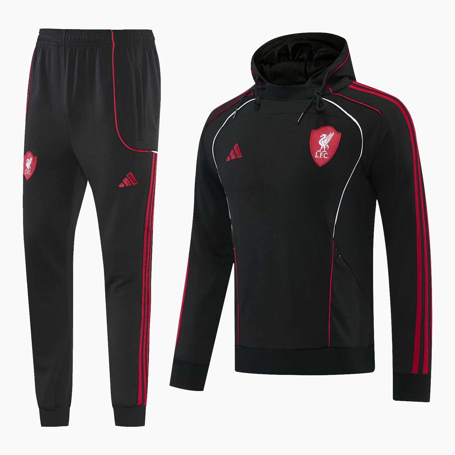 Liver.pool 25-26 Hooded Windbreaker Training Set - Black Top & Black Pants - UnitedFutballJersey