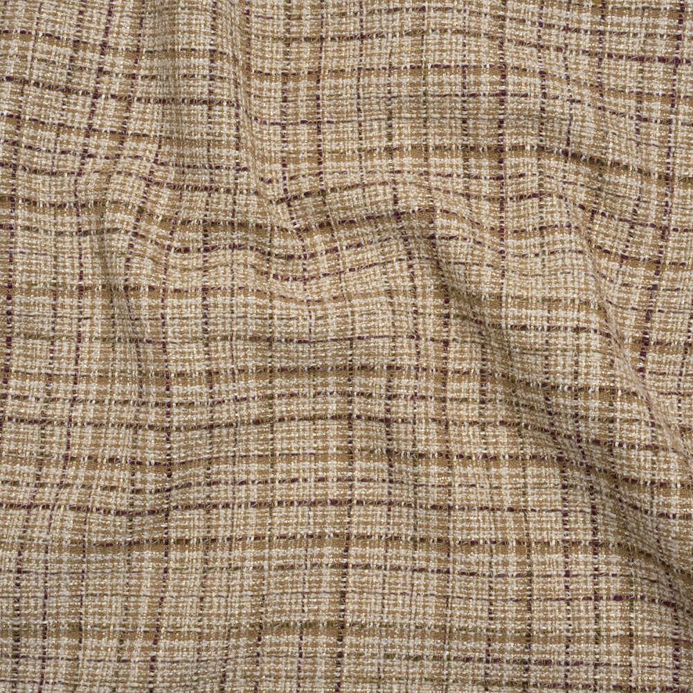 Metallic Polyester Tweed - Beige, White and Burgundy Plaid with Gold Accents - Deadstock - Joann Fabrics