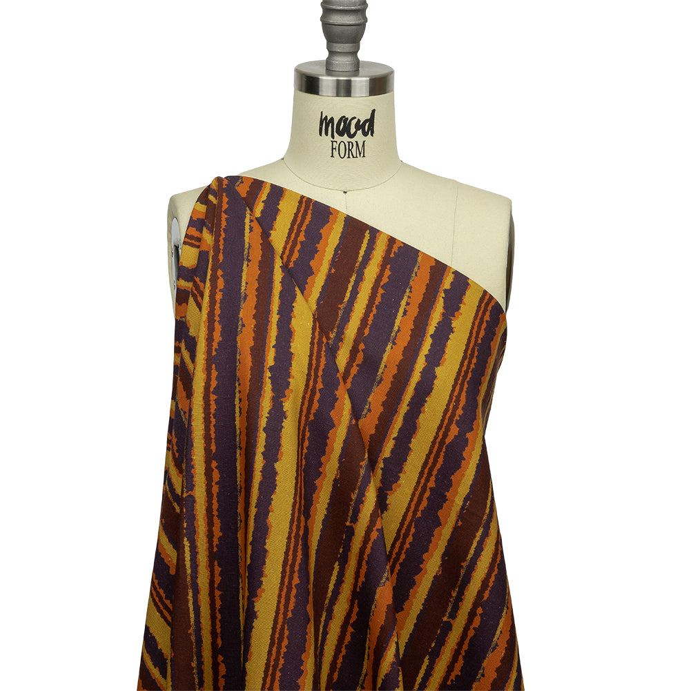 Linen and Rayon Woven - Purple, Orange and Yellow Stripes - Foliate Pathways Print - Mood Exclusive Jack-O-Lantern Collection - Joann Fabrics