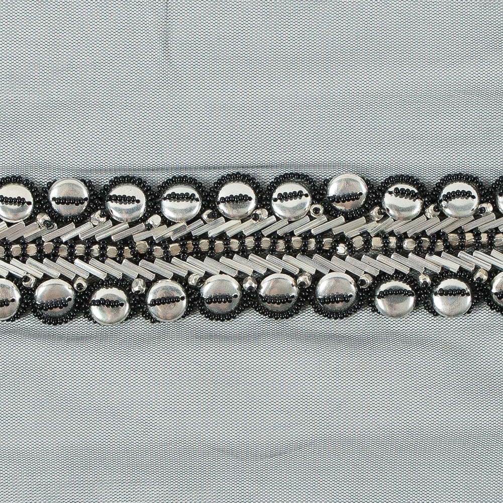 Black and Silver Fancy Beaded Metal Trim - 1.5