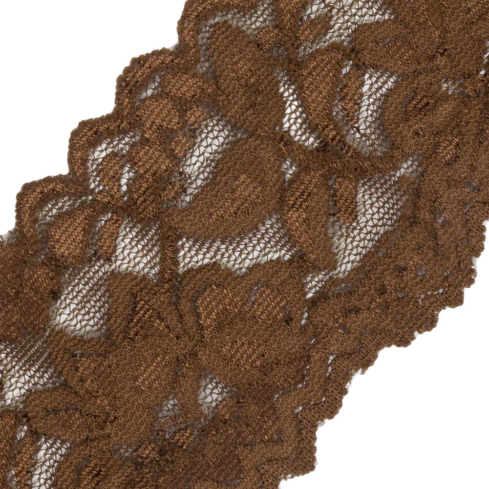 Famous NYC Designer Olive Brown Floral Stretch Lace Trim with Scalloped Edges - 2.375