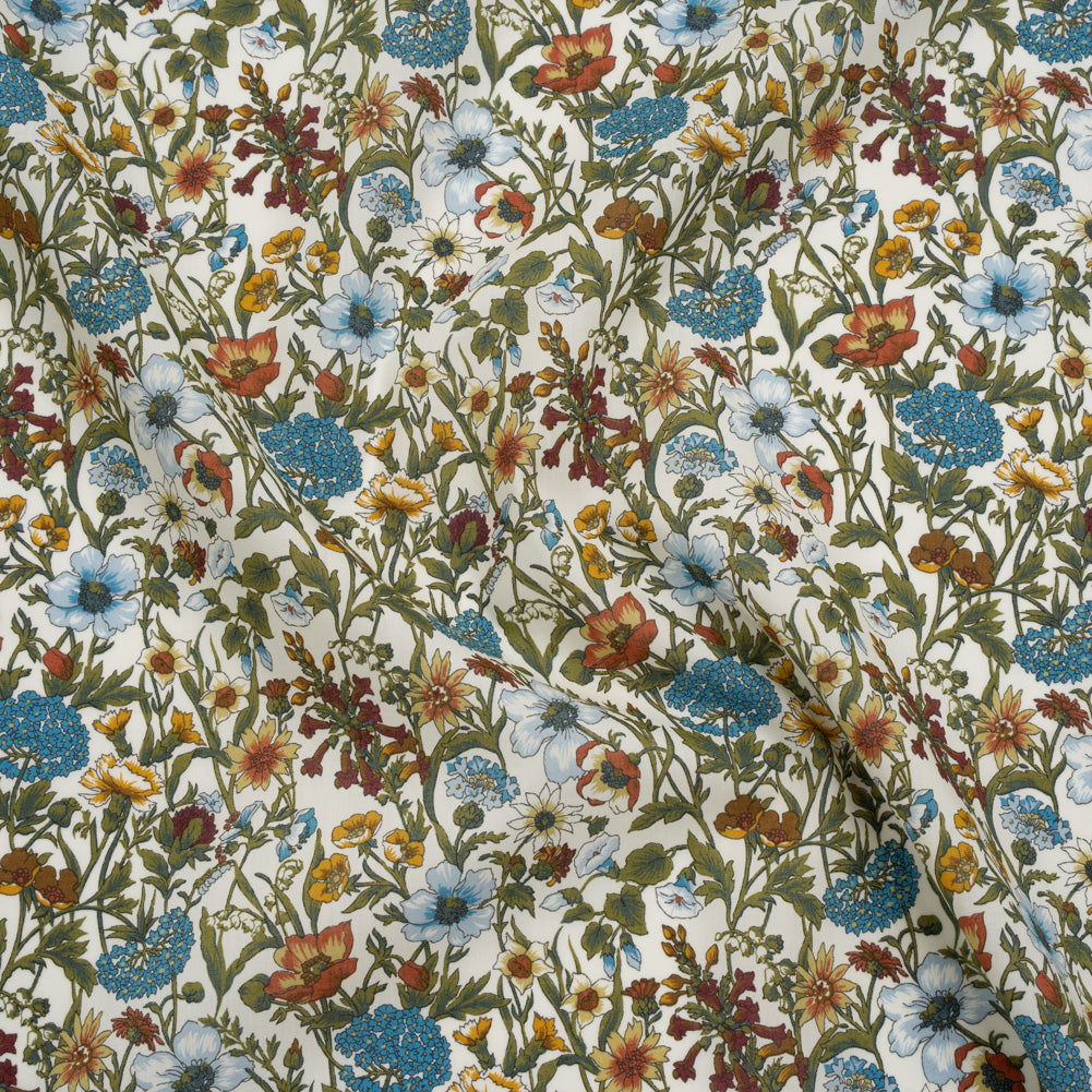 Liberty Fabrics Tana Lawn® - Rachel Multi Neutral - Sky Blue, Olive Green and Brick Red Flowers and Foliage - Joann Fabrics