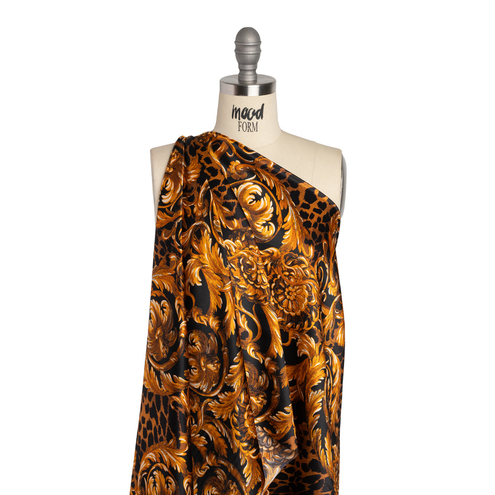 Silk Charmeuse Print - Black and Gold Floral Ornaments and Animal Spots - Made in Italy - Joann Fabrics