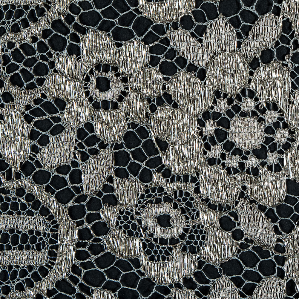 Metallic Lace with Eyelash Fringe Edges - Aqua Gray and Silver Striped Floral - Made in France - Joann Fabrics