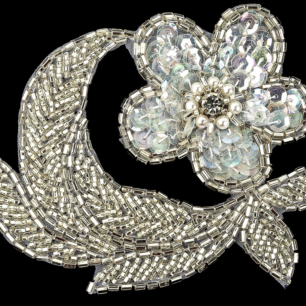 Vintage White Iris Sequins and Silver-lined Beaded Floral Applique with Rhinestone Core - 3.25