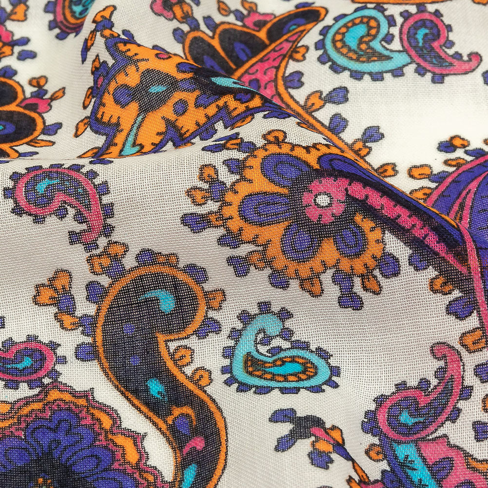 Gauzy Cotton Voile - White, Orange Pepper and Turquoise Paisley - Deadstock - Joann Fabrics