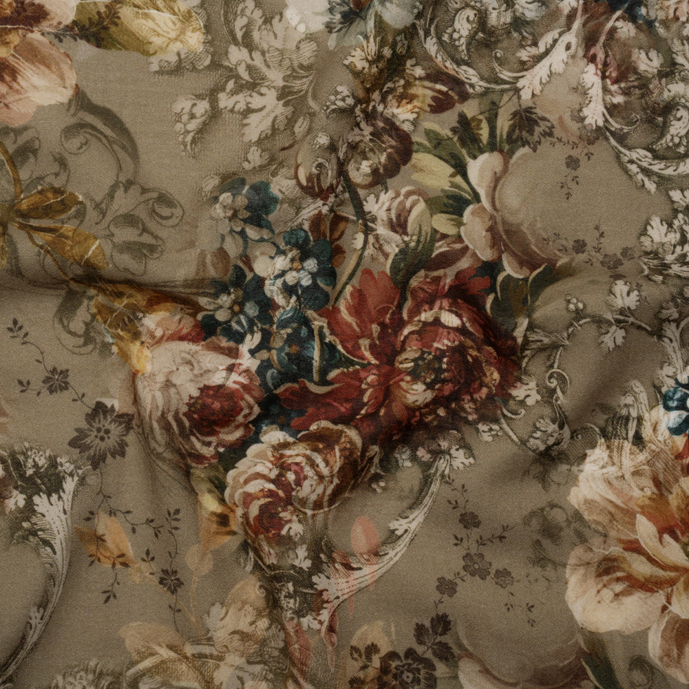 Cotton Crepe - Dusty Olive, Red and Teal Blue Vintage Floral - Mood Exclusive Baroque Blooms Print - Joann Fabrics