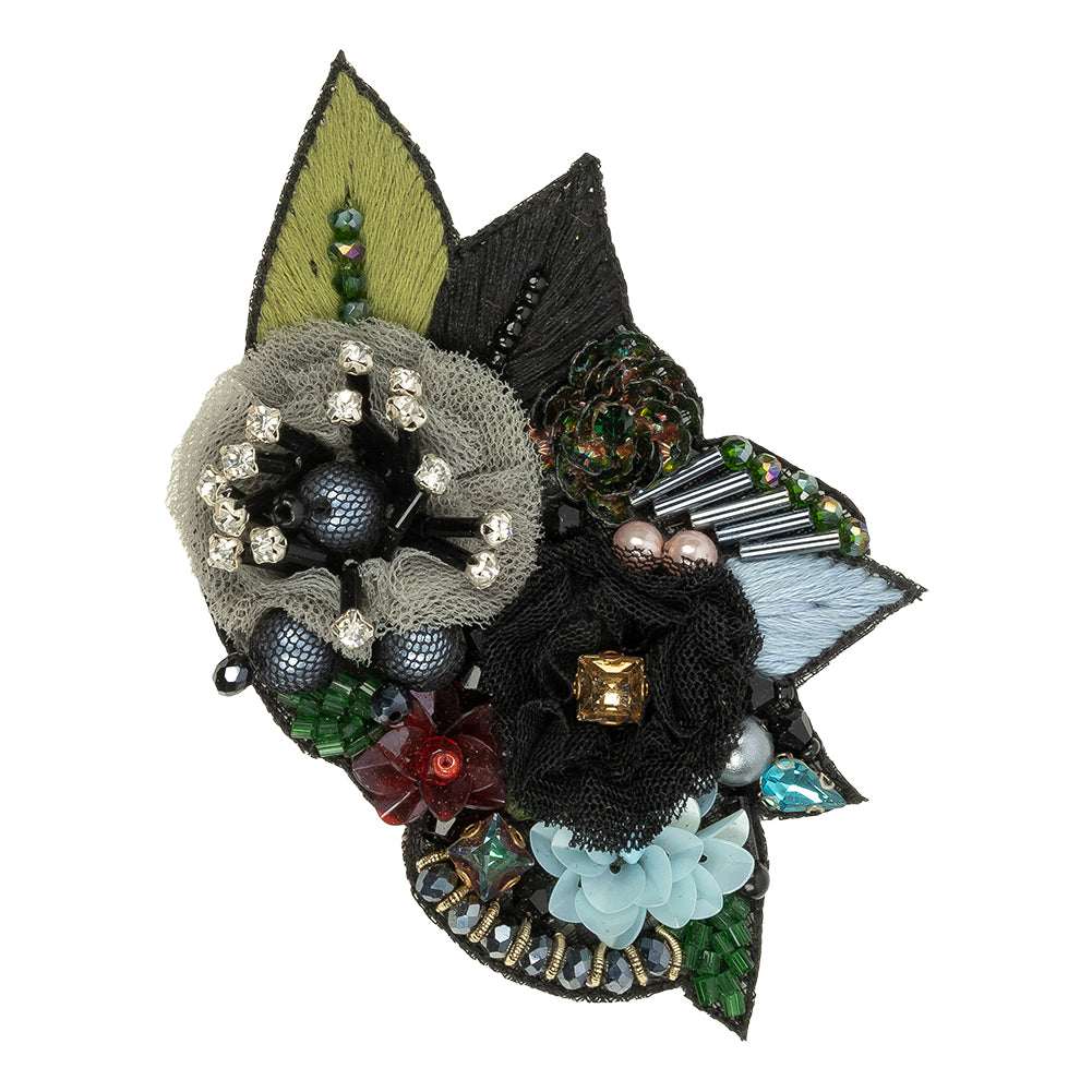 Blue, Gray and Green Fabric Flowers, Rhinestone and Glass Beaded Applique - 2.5