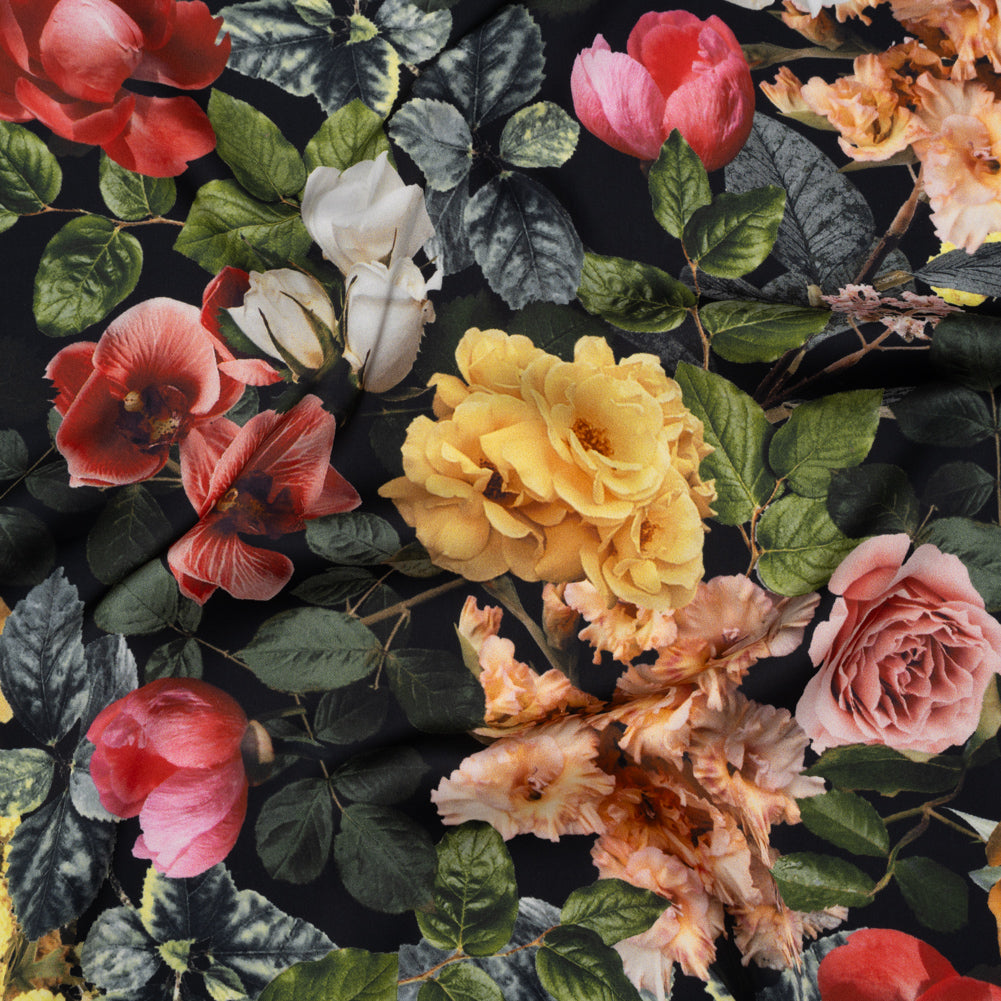 Polyester Satin - Red, Yellow and Green Photorealistic Florals - Mood Exclusive Petals After Dark Print - Joann Fabrics