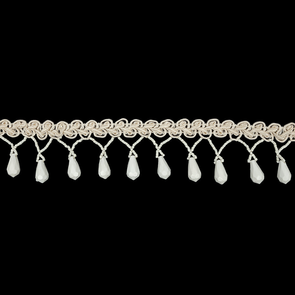 Vintage White Teardrop Beaded Fringe on Ivory Gimp Braid - 1.75