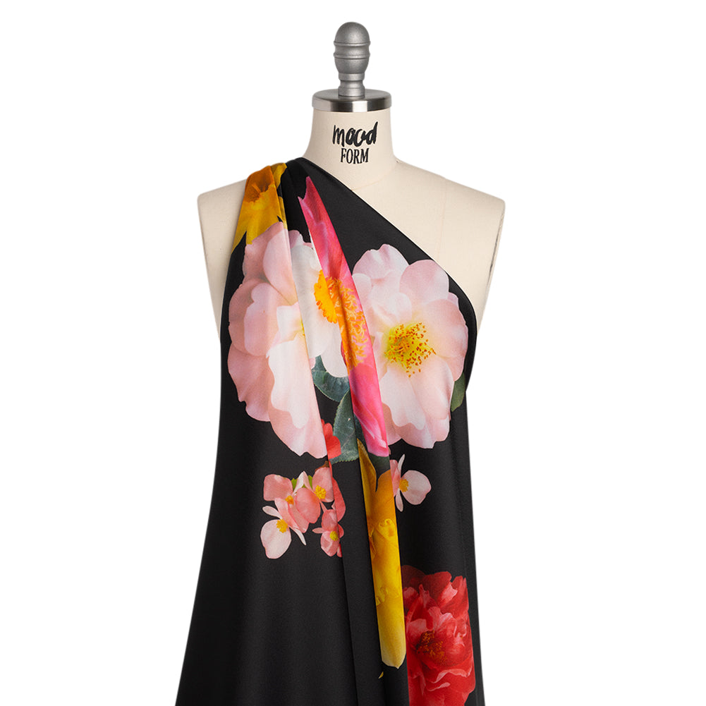 Polyester Crepe-Back Satin - Black, Yellow and Red Realistic Flowers - Mood Exclusive Photosynthesis Snapshot Print - Joann Fabrics