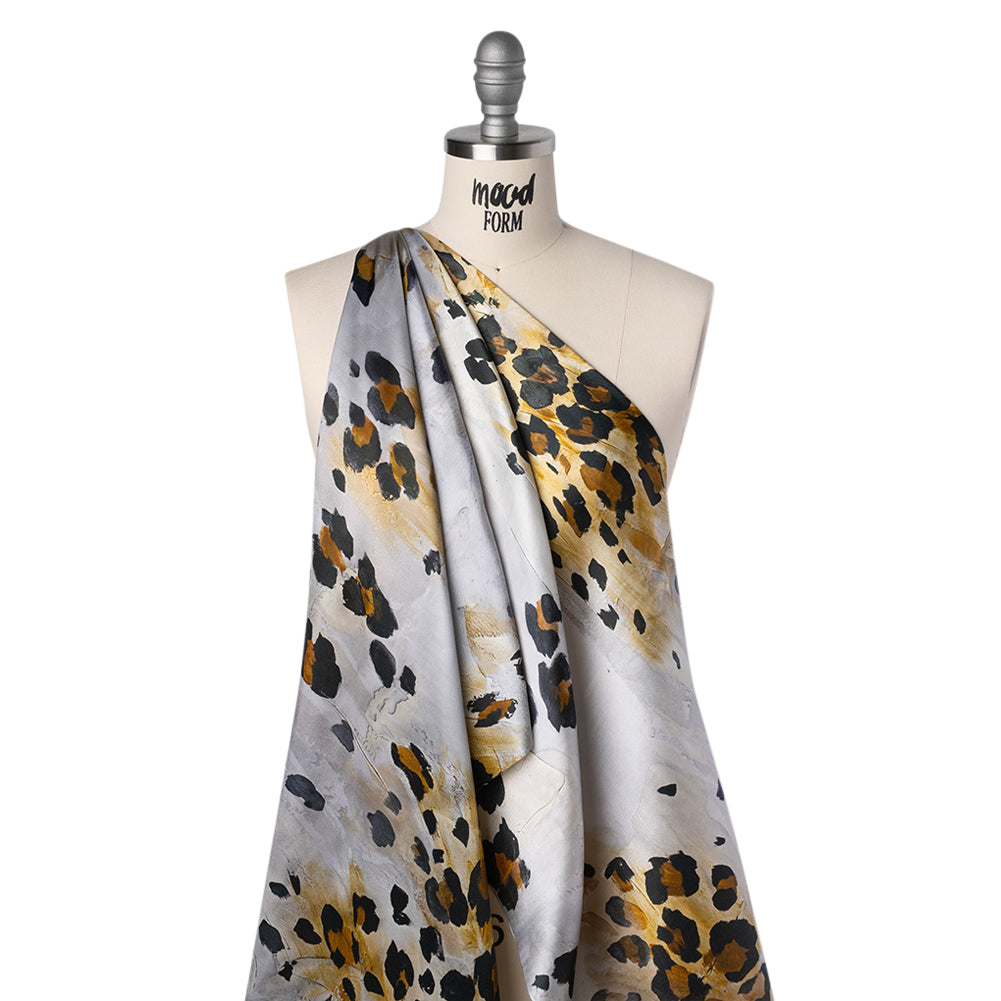 Silk Twill Print Made in Italy - Yellow Ochre, Brown and Black Painted Animal Spots - Deadstock - Joann Fabrics