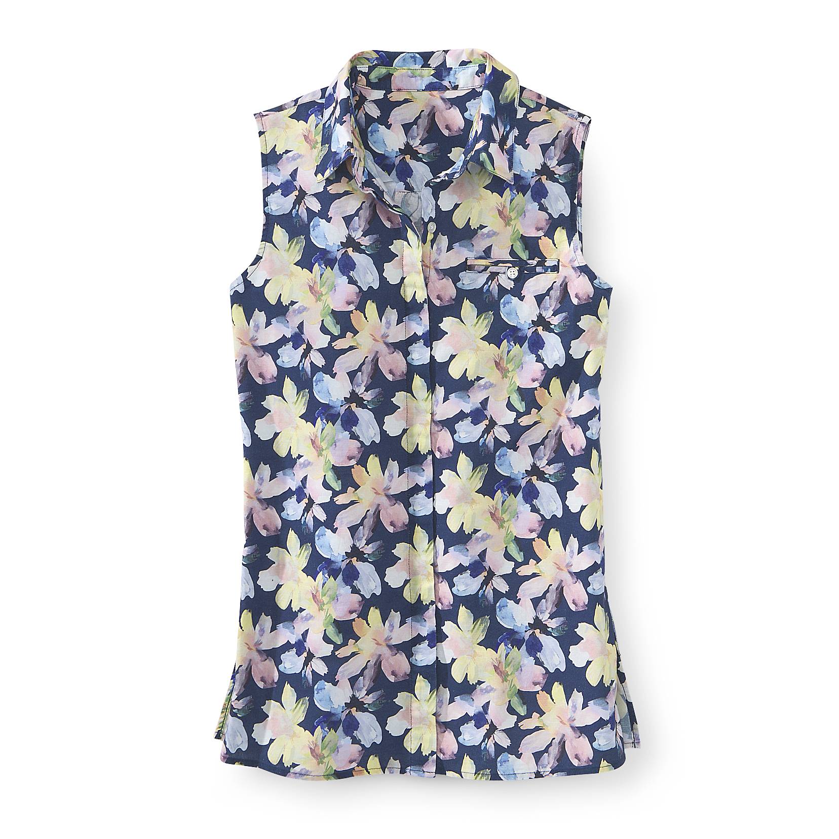 Watercolor Floral Linen-Blend Tunic, Hidden Button Placket, Welt Pocket - Northstyle Catalog