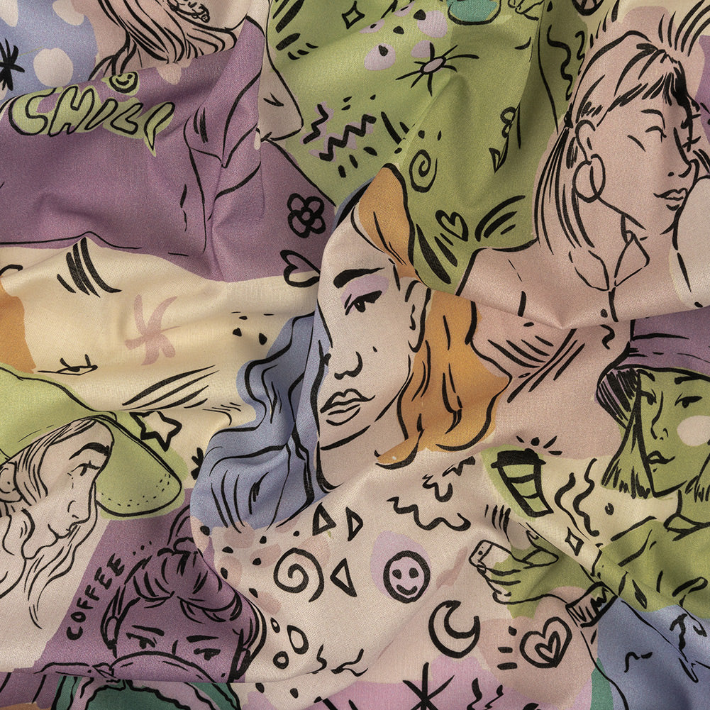 Cotton Voile - Purple and Green Figures and Doodles - Serene Souls Print - Mood Exclusive Wisteria Collection - Joann Fabrics